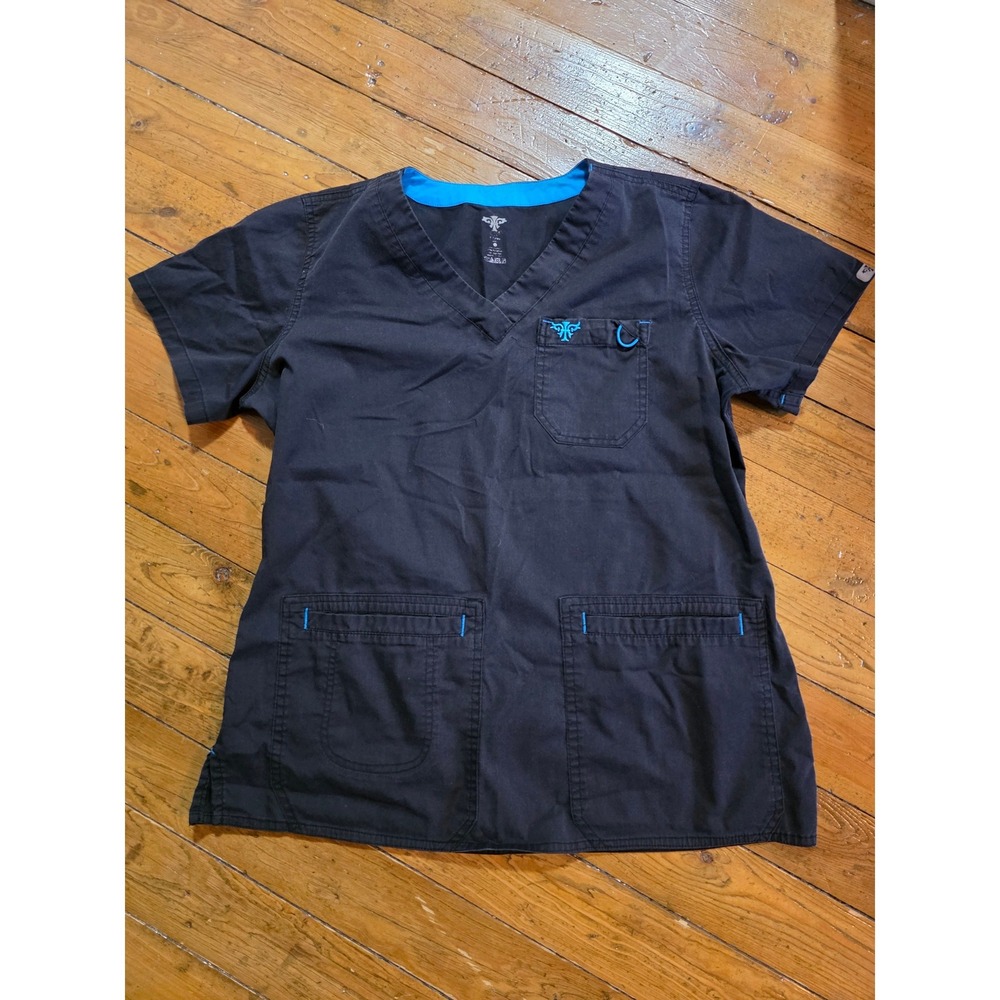 Care‎ Contour Black V-Neck Scrub Top Short Sleeve Pockets